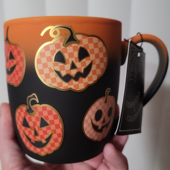 Cobwebs & Cauldrons Orange Checkered Pumpkins Halloween Mug - Picture 3 of 6